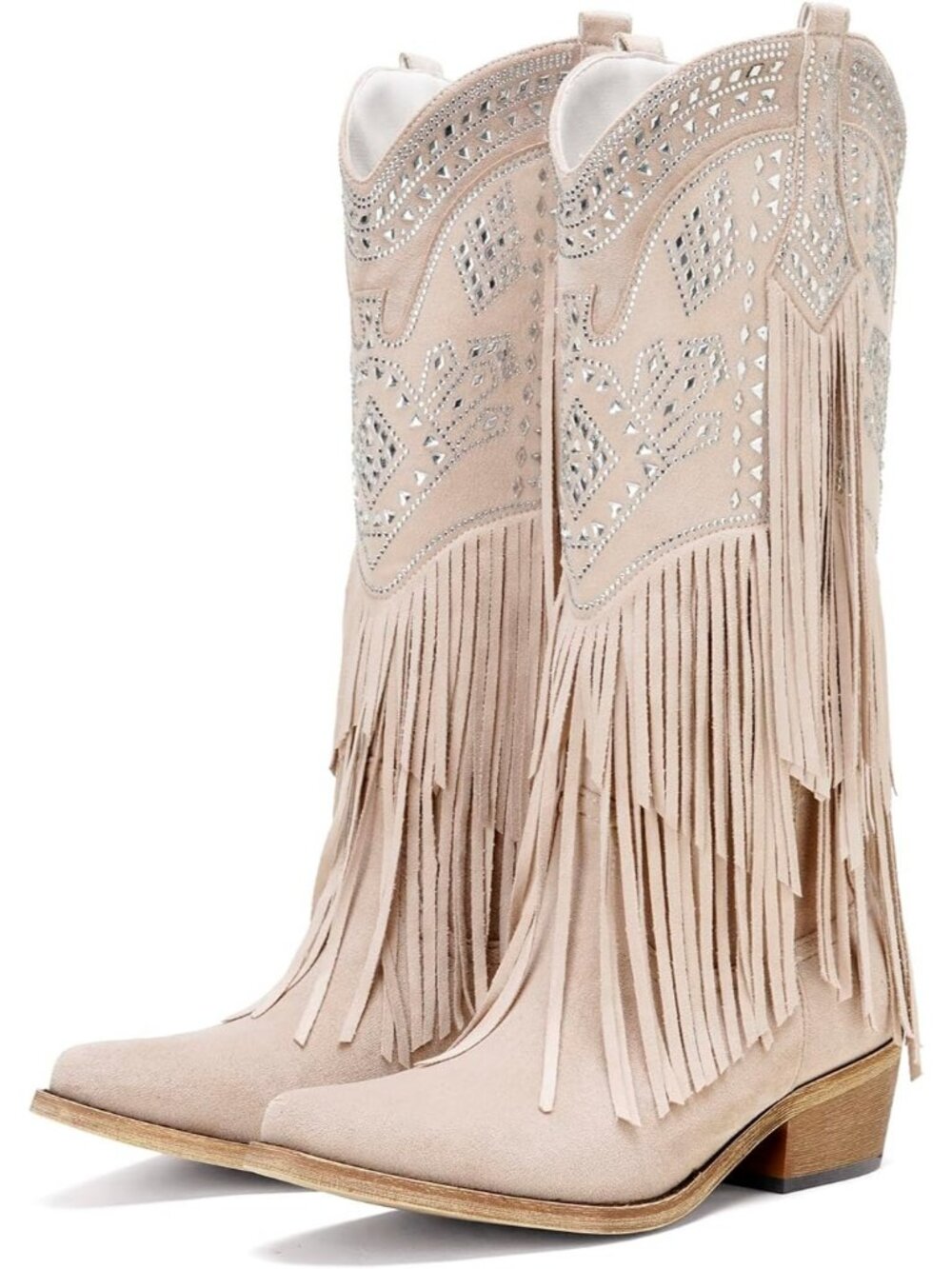 Women's Beige Suede Knee High Cowgirl Boot Fringe Rhinestone Western Chunky Heel
